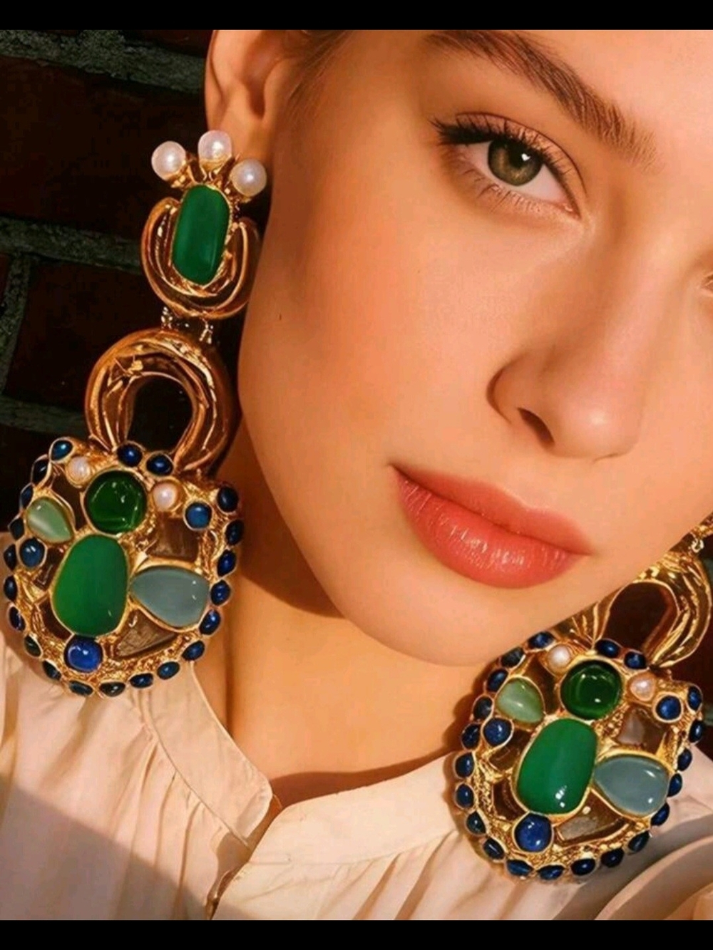 Gold-Plated Vintage Green & Blue Agate Statement Drop Earrings